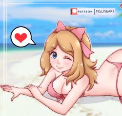 1girl ass beach bikini blue_eyes blush bow breasts brown_hair butt_crack cleavage cloud collarbone hair_bow heart long_hair looking_at_viewer lying medium_breasts misune_art nintendo ocean one_eye_closed palm_tree pink_bikini pink_bow pokemon pokemon_(anime) pokemon_xy_(anime) sand serena_(pokemon) side-tie_bikini_bottom sky smile speech_bubble spoken_heart swimsuit tree water wink