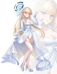 1girl absurdres alternate_costume blonde_hair blue_archive blue_eyes blunt_bangs blush bow breasts bridal_veil cleavage closed_mouth dress elbow_gloves flower gloves hair_flower hair_ornament high_heels highres large_breasts leotard long_hair looking_at_viewer shoes skirt_hold sleeveless sleeveless_dress solo strapless strapless_dress taeman thighhighs toki_(blue_archive) v veil wedding_dress white_bow white_dress white_flower white_gloves white_leotard white_shoes white_thighhighs zoom_layer