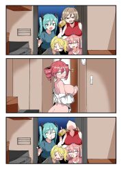 5girls ahoge aqua_eyes aqua_hair areola_slip ass back blonde_hair blood border breast_rest breasts breasts_on_head brown_hair butt_crack comic convenient_censoring convenient_hand dot_nose drill_hair flying_sweatdrops from_side hatsune_miku heart heart-shaped_pupils hitorikanawo indoors jacket kagamine_rin kasane_teto large_breasts long_hair looking_at_viewer matching_hair/eyes megurine_luka meiko_(vocaloid) multiple_girls nosebleed off-shoulder_shirt off_shoulder open_mouth parted_lips pink_eyes pink_hair red_eyes red_hair shirt short_hair sideboob sidelocks smile standing symbol-shaped_pupils twin_drills twintails utau vocaloid white_jacket white_shirt