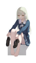 1girl absurdres bang_dream! bang_dream!_it&#039;s_mygo!!!!! bare_legs barefoot blue_shirt blue_skirt brown_shoes closed_mouth commentary_request expressionless feet full_body green_hair grey_background grey_neckerchief hair_behind_ear hair_ornament hairclip highres holding holding_shoes invisible_chair knees_up light_blush loafers long_hair long_sleeves looking_ahead looking_down miniskirt neckerchief outstretched_arms pleated_skirt sailor_collar school_uniform serafuku shirt shoes sitting skirt solo sukaliya toenails toes tsukinomori_school_uniform two-tone_background unworn_shoes wakaba_mutsumi white_background white_sailor_collar yellow_eyes