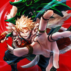 1boy bakugou_katsuki bead_necklace beads black_pants blonde_hair blurry boku_no_hero_academia cape commentary_request depth_of_field fingerless_gloves fur_cape gloves hand_tattoo highres holding holding_weapon jewelry looking_at_viewer male_focus multiple_rings necklace official_alternate_costume open_mouth pants popon_(user_eaem5325) reaching reaching_towards_viewer red_background red_eyes red_gloves ring short_hair single_fingerless_glove solo spiked_hair tattoo teeth tooth_necklace weapon
