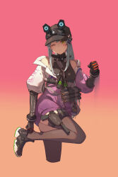 1girl adjusting_footwear arm_guards baseball_cap black_hair black_thighhighs blue_hair breasts closed_mouth cropped_legs cross_hair_ornament flashbang girls&#039;_frontline girls&#039;_frontline_2:_exilium gradient_background green_eyes gun hair_ornament handgun hat highres hk416_(girls&#039;_frontline) holster jacket jishou_kusaboukun klukai_(girls&#039;_frontline_2) long_hair looking_at_viewer magazine_(weapon) multicolored_jacket one_eye_closed orange_background pink_background purple_jacket shoes simple_background sneakers solo tattoo teardrop_facial_mark teardrop_tattoo thigh_holster thighhighs two-tone_background two-tone_jacket weapon white_jacket