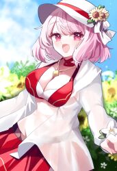1girl bikini blush breasts choker cleavage fire_emblem fire_emblem_engage fire_emblem_heroes flat_cap flower hat highres jacket jewelry karingityou lapis_(fire_emblem) lapis_(forager_of_the_sea)_(fire_emblem) large_breasts multicolored_bikini navel necklace nintendo official_alternate_costume open_mouth pink_eyes pink_hair red_bikini see-through_clothes see-through_jacket short_hair smile solo sunflower swimsuit two-tone_hat white_hat white_jacket