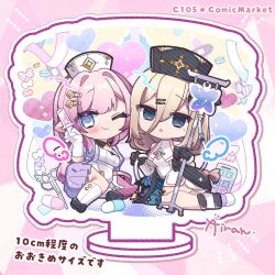 2girls :o aponia_(honkai_impact) artist_name black_footwear black_gloves black_hat blonde_hair blue_eyes blush_stickers chibi chibi_only comiket_105 commentary_request dress elf elysia_(honkai_impact) gloves hair_between_eyes hat highres holding holding_syringe honkai_(series) honkai_impact_3rd iran_stn long_hair lying mole mole_under_eye multiple_girls nurse nurse_cap official_alternate_costume pill pink_hair pointy_ears scissors single_blush_sticker smile syringe white_dress white_gloves white_hat