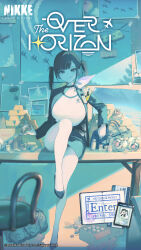 1girl bag belt belt_collar black_belt black_hair blue_skirt book breasts chair closed_mouth collar commentary duffel_bag english_commentary fang goddess_of_victory:_nikke highres holding_bracelet knee_up large_breasts long_hair long_sleeves looking_at_viewer official_art on_table open_book pantyhose passport shirt shoes sitting skin_fang skirt smile solo sora_(nikke) table twintails white_pantyhose white_shirt