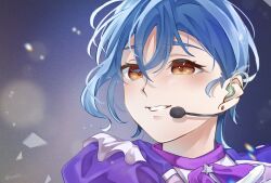 1girl blue_background blue_hair commentary_request crossed_bangs dazzling_game dress earrings gloves gradient_background grey_background grin hair_between_eyes headset highres in-ear_earphones jewelry love_live! love_live!_superstar!! neck_ribbon official_alternate_costume orange_eyes portrait purple_dress purple_ribbon ribbon short_hair smile solo star_(symbol) stud_earrings twitter_username wakana_shiki white_gloves wotaku_jinsei_enjoy_ikioi