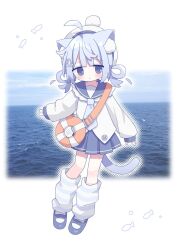 1girl :&lt; ahoge anchor_hair_ornament animal_ear_fluff animal_ears beret black_shoes blue_eyes blue_hair blue_necktie blue_sailor_collar blue_skirt blue_sky blush_stickers cat_ears cat_girl cat_tail closed_mouth cloud commentary day full_body hair_ornament hair_rings hat highres long_sleeves nakkar necktie ocean original pleated_skirt puffy_long_sleeves puffy_sleeves sailor_collar shirt shoes skirt sky sleeves_past_wrists socks solo striped_clothes striped_socks symbol-only_commentary tail water white_hat white_shirt