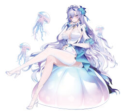 1girl ankle_socks asymmetrical_legwear blue_eyes blue_flower breasts cantarella_(wuthering_waves) commentary_request crossed_legs derk dress facial_mark flower full_body hair_between_eyes hair_flower hair_ornament headdress high_heels highres jellyfish korean_commentary large_breasts legwear_cutout light_blush long_hair looking_at_viewer mark_under_eye nail_polish purple_hair purple_nails shoes shrug_(clothing) simple_background single_sock single_thighhigh sitting smile socks solo thighhighs thighs uneven_legwear very_long_hair white_background white_dress white_shoes white_shrug white_thighhighs wuthering_waves