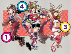 arms_up beret brown_eyes brown_hair dagger fishnet_thighhighs fishnets hat knife kunoichi_(sengoku_musou) midriff ninja one_eye_closed ponytail sengoku_musou shawl shorts side_ponytail smile thighhighs weapon wink