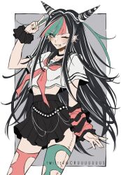Rule 34 | 1girl, aqua hair, aqua thighhighs, arm warmers, black arm warmers, black choker, black hair, black nails, black sailor collar, black scrunchie, black skirt, blunt bangs, border, choker, clothing cutout, collarbone, commentary, cone hair bun, cowboy shot, criis-chan, danganronpa (series), danganronpa 2: goodbye despair, double bun, ear piercing, eyelashes, eyes visible through hair, grey background, grey eyes, grin, hair bun, happy, light blush, lip piercing, long hair, looking at viewer, midriff, miniskirt, mioda ibuki, mismatched thighhighs, multicolored hair, multiple piercings, nail polish, neckerchief, one eye closed, outside border, piercing, pink arm warmers, pink hair, pink neckerchief, pink thighhighs, pleated skirt, sailor collar, school uniform, scrunchie, serafuku, shirt, short sleeves, single arm warmer, skirt, smile, solo, spike piercing, standing, streaked hair, striped arm warmers, thigh cutout, thighhighs, twitter username, v, very long hair, white border, white hair, white shirt, wrist scrunchie