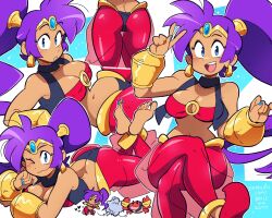 1girl ass ass_focus blue_eyes bra breasts butt_crack crab cropped_jacket dark-skinned_female dark_skin earrings jewelry large_breasts long_hair looking_at_viewer lying navel on_stomach one_eye_closed pants ponytail purple_hair scott_malin see-through_clothes shantae shantae_(series) shantae_and_the_pirate&#039;s_curse sleeveless underwear very_long_hair wink