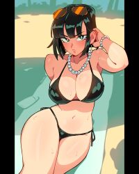 1girl 333_(dqqqdle) adjusting_hair arm_behind_back beach beach_towel bikini black_bikini black_hair blush bracelet breasts cleavage commentary earrings english_commentary eyewear_on_head floating_earrings fubuki_(one-punch_man) green_eyes highres jewelry large_breasts looking_at_viewer navel necklace one-punch_man outdoors pearl_bracelet pearl_necklace reclining short_hair side-tie_bikini_bottom signature solo sunglasses sweat swimsuit towel twitter_username
