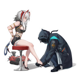 1boy 1girl absurdres antenna_hair arknights arms_behind_back bdsm black_gloves bound bound_arms bound_tail breasts demon_girl demon_horns demon_tail doctor_(arknights) full_body gloves grey_hair high_heels highres horns medium_breasts on_one_knee putting_on_footwear red_eyes second-party_source shibari shibari_over_clothes shinebell shorts sitting tail w_(arknights) white_background wis&#039;adel_(arknights)