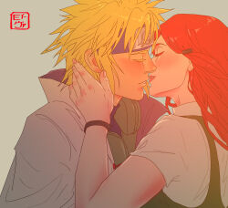 1boy 1girl absurdres blonde_hair blush bracelet closed_eyes commentary couple english_commentary evartandadam flak_jacket forehead_protector green_jacket hair_ornament hairclip highres imminent_kiss jacket jewelry konohagakure_symbol long_hair namikaze_minato naruto_(classic) naruto_(series) ninja red_hair shirt short_hair short_sleeves spiked_hair uzumaki_kushina white_shirt
