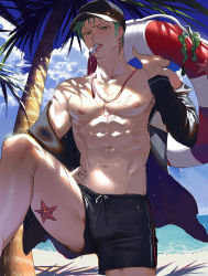 Rule 34 | 1boy, abs, baseball cap, beach, black jacket, black male swimwear, black swim trunks, blowing whistle, cloud, cloudy sky, day, drawstring, earrings, green eyes, green hair, hand on own hip, hat, holding, holding swim ring, innertube, jacket, jewelry, leg up, lifebuoy, lifeguard, looking at viewer, male focus, male swimwear, navel, nipples, one piece, open clothes, open jacket, outdoors, palm tree, roronoa zoro, runa (nori31291404), scar, scar on chest, short hair, sideburns, sky, solo, starfish, summer, sweat, sweatdrop, swim ring, swim trunks, swimsuit, thick thighs, thighs, toned, toned male, tongue, tongue out, tree, whistle, whistle around neck