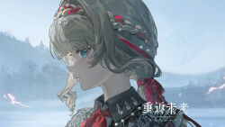 1girl blonde_hair blue_eyes blue_sky braid braided_bangs brown_dress collared_dress copyright_name dress from_side hair_ribbon kiperina logo long_hair low_ponytail mountain official_art outdoors parted_lips ponytail portrait profile red_ribbon reverse:1999 ribbon sky solo