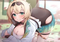 1girl absurdres all_fours alternate_breast_size aqua_eyes argyle arm_support ass bent_over black_gloves blonde_hair blush bodysuit bodysuit_under_clothes breasts fingerless_gloves gloves grin hakama hakama_short_skirt hakama_skirt haori highres hololive jacket japanese_clothes kazama_iroha kazama_iroha_(1st_costume) kimono large_breasts looking_at_viewer medium_hair pleated_skirt sarashi skirt smile solo soyoghi thighhighs top-down_bottom-up two-sided_fabric two-sided_jacket virtual_youtuber white_kimono white_thighhighs