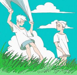 Rule 34 | 2boys, akagi: yami ni oritatta tensai, akagi shigeru, black eyes, blanket, blue shorts, blue sky, chinese commentary, closed mouth, cloud, commentary request, day, expressionless, fukumoto mahjong, full body, grass, highres, hirayama yukio, holding, holding blanket, ligne claire, looking at another, looking to the side, male focus, multiple boys, nanji yuan zhumin, oversized clothes, oversized shirt, shirt, short hair, shorts, sky, white hair, white shirt