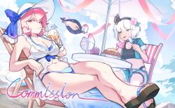 3girls absurdres alternate_costume aqua_eyes bare_arms bare_legs bare_shoulders beach beach_chair beach_umbrella belt belt_buckle bikini black_belt black_bikini black_choker black_hairband black_ribbon black_sandals blue_bikini blue_bow blue_dress blue_sky blue_wrist_cuffs bow breasts buckle chair choker chopsticks cleavage closed_mouth cloud cocktail cocktail_glass cocktail_umbrella cropped_jacket crossed_legs cup cup_ramen day denim denim_shorts disembodied_eye dress drinking drinking_glass drinking_straw elbow_on_table eyelashes favnvs_(s910a_ib6) flower food food_theft fried_egg frilled_bow frilled_dress frilled_wrist_cuffs frills full_body fur-trimmed_shorts fur_trim gap_(touhou) glass gradient_clothes gradient_dress green_jacket green_shorts hair_between_eyes hair_flower hair_ornament hair_ribbon hairband hat hat_bow hibiscus highleg highleg_bikini highres hitodama holding holding_cup holding_food holding_popsicle holding_spoon jacket knees konpaku_youmu konpaku_youmu_(ghost) large_breasts leaf light_blush long_dress looking_at_another meat multiple_girls nervous_smile o-ring o-ring_bikini on_chair open_clothes open_jacket outdoors pink_belt pink_eyes pink_flower pink_hair pink_scrunchie plate popsicle red_bow ribbon ribbon-trimmed_bow ribbon_trim saigyouji_yuyuko sandals scrunchie shaved_ice short_sleeves shorts single_wrist_cuff sitting sky sleeveless sleeveless_dress smile spoon sun_hat sweatdrop swimsuit table thigh_belt thigh_strap toes touhou tree umbrella white_dress white_hair white_hat wrist_cuffs wrist_scrunchie yakumo_yukari