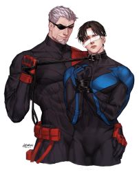 2boys animal_collar artist_name bandage_over_one_eye bandages bara batman_(series) black_bodysuit black_hair blue_bodysuit blue_eyes bodysuit bound bound_wrists closed_mouth collar covered_abs dc_comics deathstroke dick_grayson eyepatch facial_hair fingerless_gloves gloves goatee grey_hair hand_on_another&#039;s_hip highres holding holding_leash large_pectorals leash looking_at_another looking_at_viewer male_focus mature_male multiple_boys muscular muscular_male nightwing one_eye_covered parted_lips pectorals red_bodysuit red_gloves short_hair sideburns simple_background sklavisch smile two-tone_bodysuit yaoi