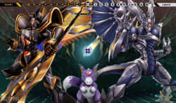alphamon alphamon_ouryuuken armor ayato_mabu black_armor black_helmet body_fur digimon digimon_(creature) digimon_card_game dorugoramon dorumon dragon evolutionary_line forehead_jewel group_picture halberd helmet holding holding_polearm holding_weapon knight polearm purple_fur sharp_teeth standing teeth weapon