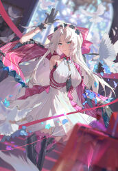 1girl absurdres alin_leng_bu_sheng aqua_eyes bird black_boots black_gloves boots bow breasts carlotta_(wuthering_waves) closed_mouth commentary cowboy_shot dress english_commentary gloves hair_bow hand_up highres indoors jacket looking_at_viewer medium_breasts parted_bangs pink_bow pink_jacket pink_thighhighs smile solo stained_glass striped_bow thigh_boots thighhighs thighhighs_under_boots thighs white_bird white_dress wuthering_waves