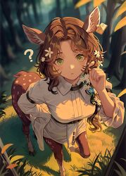 1girl :o ? animal_ears brown_hair centauroid collared_shirt deer_ears deer_girl deer_tail ear_tag flower forest from_above full_body grass green_eyes hair_flower hair_ornament hand_up highres jessica_(reverse:1999) long_hair looking_at_viewer nature outdoors parted_bangs reverse:1999 shirt solo tail taur tree twirling_hair ver-aero white_flower white_shirt