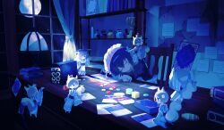 6+girls animal_ears apron arms_on_table black_shirt blue_hair blue_theme book book_stack bookshelf bottle chair closed_eyes commentary_request curtains deck_of_cards dice full_moon hair_over_one_eye head_rest highres indoors japanese_clothes kimono magic:_the_gathering maid_headdress map meto_(metrin) mini_person minigirl moon moonlight multiple_girls original shirt short_hair sleeping table tail trading_card upper_body