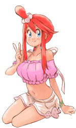 Rule 34 | 1girl, bare shoulders, blue eyes, closed mouth, crop top, looking at viewer, navel, nintendo, official alternate color, official alternate costume, pokemon, pokemon masters ex, red hair, short shorts, shorts, skyla (pokemon), skyla (summer 2025) (pokemon), smile, solo, u4 99384295, v, white background, white shorts