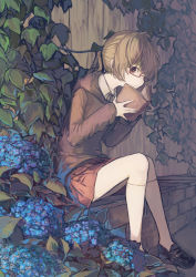 1girl bad_id bad_pixiv_id black_shoes book brick brown_eyes brown_hair brown_skirt brown_theme collared_shirt expressionless female_focus fence flower from_side full_body glasses highres holding holding_book hood hood_down hoodie hydrangea ivy kneehighs knees_together_feet_apart leaning_forward loafers long_sleeves looking_at_viewer miniskirt open_book original plant pleated_skirt ponytail red-framed_eyewear semi-rimless_eyewear shirt shoes short_hair sitting skirt sleeves_past_wrists socks solo suzukami under-rim_eyewear vines white_socks wooden_fence