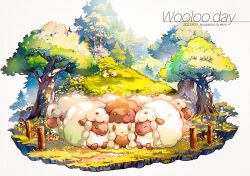 :3 alternate_color artist_name character_name closed_mouth commentary dated day ekm gen_8_pokemon grass lying nintendo no_humans outdoors pokemon pokemon_(creature) shiny_and_normal shiny_pokemon smile tree wooloo