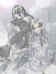 1boy 1girl black_hair breasts brown_hair denim dress hat highres jeans jewelry lips long_hair looking_at_viewer nitta_isamu pants ring ryokuyuu shin_megami_tensei shin_megami_tensei_iii:_nocturne skirt tachibana_chiaki_(megami_tensei) torn_clothes torn_jeans torn_pants