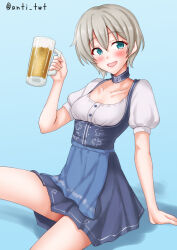 Rule 34 | 1girl, alcohol, anti (untea9), apron, beer, beer mug, blue apron, blue background, blue choker, blue eyes, blue skirt, breasts, choker, cross, cup, dirndl, german clothes, gradient background, grey hair, high-waist skirt, highres, iron cross, kantai collection, looking at viewer, mug, one-hour drawing challenge, short hair, sitting, skirt, small breasts, smile, solo, waist apron, white background, z1 leberecht maass (kancolle), z1 leberecht maass (oktoberfest) (kancolle)