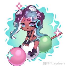 Rule 34 | 1girl, aqua eyes, aqua hair, artist name, bare shoulders, black boots, black gloves, black shirt, boots, breasts, cephalopod eyes, chibi, chibi only, cleavage, commentary request, crop top, dango, dark-skinned female, dark skin, fang, fingerless gloves, food, full body, furrowed brow, gloves, gradient hair, grey shorts, headphones, horizontal pupils, iria (yumeirokingyo), long hair, lowres, marina (off the hook outfit) (splatoon), marina (splatoon), midriff, mini person, minigirl, mole, mole under mouth, multicolored hair, nintendo, octoling, open mouth, parted bangs, purple hair, sanshoku dango, shirt, shorts, simple background, sitting on food, smile, solo, splatoon (series), splatoon 2, tentacle hair, two-tone hair, wagashi, white background, zipper