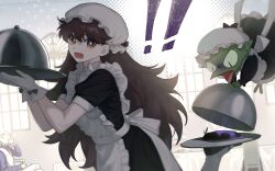! !! 1girl 2boys black_dress brown_eyes brown_hair colored_skin dress gloves gootai green_skin hat highres holding holding_tray inuyasha jaken long_hair mob_cap multiple_boys open_mouth purple_shirt rin_(inuyasha) sesshoumaru shirt standing standing_on_one_leg tray white_gloves white_hair white_hat