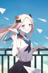Rule 34 | 1girl, black bow, black sailor collar, black skirt, blonde hair, blue eyes, blue neckerchief, blue sky, blush, bow, breasts, cloud, commentary request, cowboy shot, day, floating clothes, floating hair, grin, hair bow, hand on railing, hands up, highres, holding, holding paper airplane, long hair, looking at viewer, neckerchief, original, outdoors, paper airplane, pleated skirt, red bow, sailor collar, school uniform, serafuku, shirt, short sleeves, sidelocks, skirt, sky, small breasts, smile, solo, standing, sunlight, white shirt, yukiyama momo