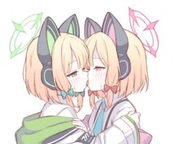 2girls animal_ear_headphones animal_ears blonde_hair blue_archive blue_bow blue_necktie bow cat_ear_headphones code_3dr collared_shirt fake_animal_ears green_eyes hair_bow halo hand_on_another&#039;s_shoulder headphones incest jacket midori_(blue_archive) momoi_(blue_archive) multiple_girls necktie pink_eyes red_bow shirt short_hair siblings simple_background sisters upper_body white_background white_jacket white_shirt yuri