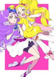 bike_shorts blonde_hair blue_flower blue_rose boots bow brooch buntatta flower frilled_boots frilled_wrist_cuffs frills futari_wa_precure futari_wa_precure_max_heart green_eyes hair_bow hair_ornament heart heart_brooch highres in-franchise_crossover jewelry long_hair looking_at_viewer milky_rose open_mouth pink_eyes precure purple_hair rose shiny_luminous simple_background skirt thick_eyebrows twintails white_skirt wrist_cuffs yes!_precure_5 yes!_precure_5_gogo!