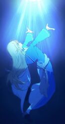 1boy androgynous arched_back blonde_hair blue_eyes blue_robe cape closed_mouth fire_emblem fire_emblem:_the_blazing_blade floating floating_hair full_body hair_between_eyes high_collar highres light_rays long_hair long_sleeves looking_up lucius_(fire_emblem) male_focus nintendo outstretched_arms robe scarf_belt solo sparkle underwater very_long_hair yurari_forever