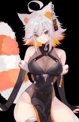 Rule 34 | 1girl, absurdres, ahoge, animal ears, bare shoulders, black leggings, breasts, demenishki, fangs, highres, indie virtual youtuber, jewelry, large breasts, leggings, leotard, orange hair, pelvic curtain, pillow, purple eyes, red panda ears, red panda girl, red panda tail, see-through clothes, see-through leotard, short hair, sitting, smile, solo, white hair