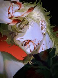 1boy absurdres bare_shoulders black_background black_leotard black_nails blonde_hair blood blood_on_face blood_on_hands blood_on_neck curtained_hair dio_brando ear_birthmark earrings eyelashes eyes_visible_through_hair fangs fingernails gradient_background hair_between_eyes hand_on_own_forehead highres hoop_earrings jewelry jojo_no_kimyou_na_bouken leotard licking_lips long_fingernails long_hair looking_at_viewer male_focus messy_hair muscular muscular_male open_mouth oyatsu_(205415) portrait red_background scar scar_on_neck slit_pupils solo stardust_crusaders stitched_neck stitches tongue tongue_out vampire yellow_eyes