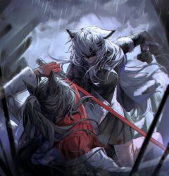 2girls animal_ears ara_200117 arknights black_hair blood breasts fighting girl_on_top gloves grey_hair grey_skirt highres holding holding_sword holding_weapon injury lappland_(arknights) long_hair multiple_girls ponytail punching rain red_gloves skirt sword texas_(arknights) weapon