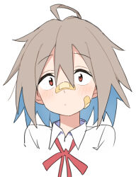1girl ahoge bandaid bandaid_on_cheek bandaid_on_face bandaid_on_nose blue_hair brown_hair colored_inner_hair commentary_request cropped_shoulders do_it_yourself!! gazacy_(dai) highres multicolored_hair neck_ribbon red_eyes red_ribbon ribbon shirt short_hair simple_background solo white_background white_shirt wing_collar yua_serufu