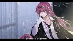 2girls age_difference artist_name black_border black_jacket border closed_mouth collarbone commentary_request dual_persona eyewear_on_head glasses honkai:_star_rail honkai_(series) jacket kafka_(honkai:_star_rail) letterboxed long_hair looking_at_viewer multiple_girls pince-nez purple_eyes purple_hair rain round_eyewear shirt smile srpzk sunglasses time_paradox upper_body white_shirt