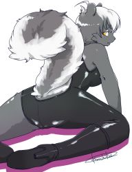 1girl artist_request black_hair boots cameltoe copyright_request female_focus formal_clothes from_behind furry furry_female monochrome multicolored_hair short_hair simple_background skunk solo suit white_hair