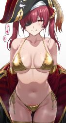 1girl bikini black_hair breasts closed_mouth coat collarbone commentary elbow_gloves eyepatch gloves gold_bikini gold_gloves gold_thighhighs hews highres hololive houshou_marine large_breasts long_hair looking_at_viewer navel red_coat red_eyes red_hair simple_background smile solo stomach swimsuit thighs virtual_youtuber white_background yellow_bikini