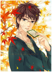 1boy artist_name autumn_leaves blue_eyes branch brown_hair card chihayafuru glasses holding holding_card iroha_karuta karuta_(card_game) leaf looking_at_viewer male_focus mrsloth parted_lips solo standing sweater upper_body uta-garuta wataya_arata watermark web_address