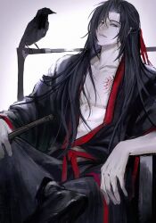 1boy bird black_boots black_hair black_hanfu boots branded chair chinese_clothes crow dizi flute gradient_background gui_(e91617) hair_ribbon hand_on_own_knee hanfu highres holding holding_flute holding_instrument instrument korean_commentary long_hair long_sleeves looking_at_viewer modao_zushi open_clothes parted_lips red_eyes red_ribbon ribbon sitting smile solo transverse_flute wei_wuxian wei_wuxian_(yiling_laozu) white_background