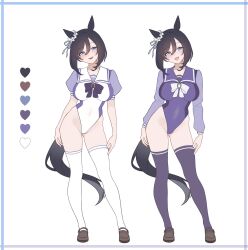 1girl adapted_costume animal_ears black_hair blue_eyes blush bob_cut bow bowtie breasts brown_shoes collared_leotard color_guide commentary_request contrapposto covered_navel ear_scrunchie eishin_flash_(umamusume) full_body hair_between_eyes highres horse_ears horse_girl horse_tail horseshoe_ornament large_breasts leotard loafers long_sleeves looking_at_viewer multicolored_leotard multiple_views open_mouth piercing puffy_short_sleeves puffy_sleeves purple_bow purple_bowtie purple_leotard purple_thighhighs school_uniform shoes short_hair short_sleeves simple_background smile standing summer_uniform tail thighhighs tongue tongue_out tongue_piercing tracen_school_uniform two-tone_leotard ugohato umamusume white_background white_bow white_bowtie white_leotard white_thighhighs winter_uniform