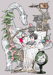 1boy apple bed bird bird_nest black_hair black_shirt bookshelf child cup dinosaur eurasian_bullfinch flower food fruit globe highres in_nest lantern legs_up looking_at_object male_focus maru_(hardrock5150) nest original pillow pink_flower radio reading shirt short_hair short_sleeves teacup teapot tree under_covers